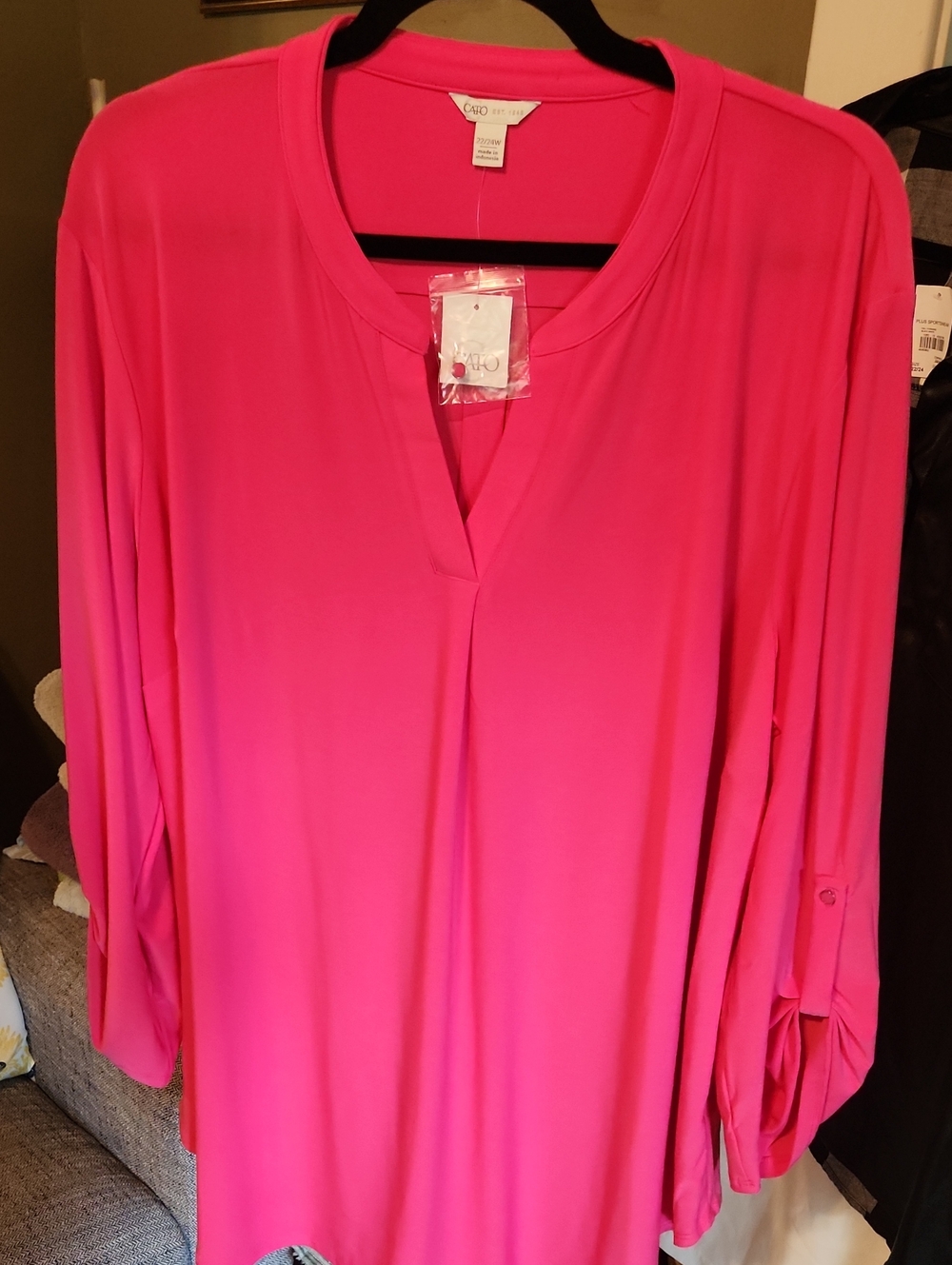 Cato Bright Pink V-Neck Roll-Tab Long Sleeve Tunic